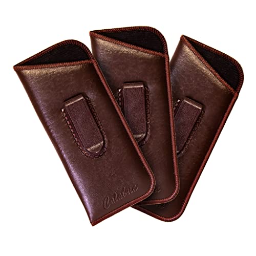Image of Calabria Slip-In Eye Glasses Case w /Plastic Pocket Clip PU Leather Brown 3Pack Men Women Eyeglasses Pouch Sunglasses Holder