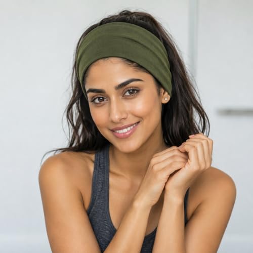 Image of XFYT Super Soft Fabric Hairbands for Men and Women | Soft Absorbent Trendy Wide Premium Stretchable Sports Headband (Olive Green)