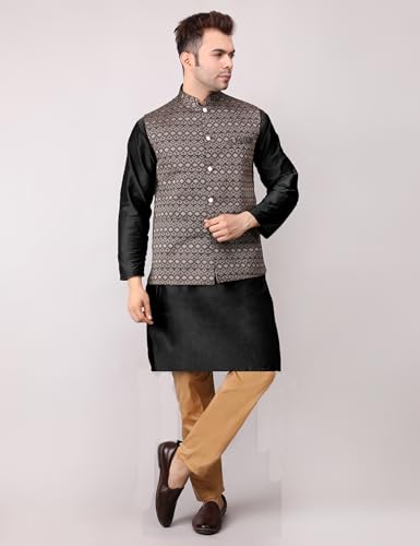 Image of Men's Cotton Silk Blend Regular Kurta Pyjama, Embroidered Nehru Jacket /Waistcoat Set