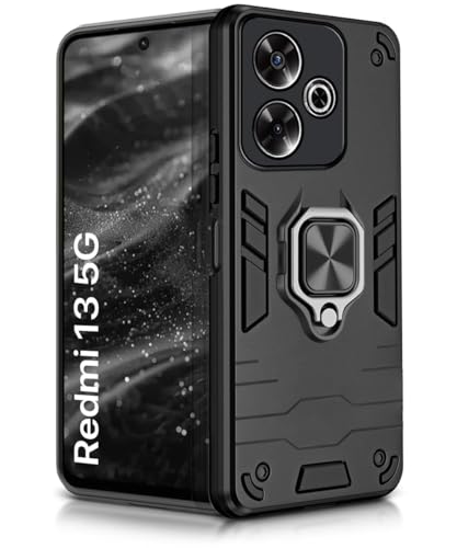 Image of WOW IMAGINE Shock Proof Back Case Mobile Cover for Mi Redmi 13 5G | Poco M6 Plus 5G | Back Cover Case (Tough Armor | Hybrid PC + TPU | Ring Holder & in-Built Kickstand | Black)