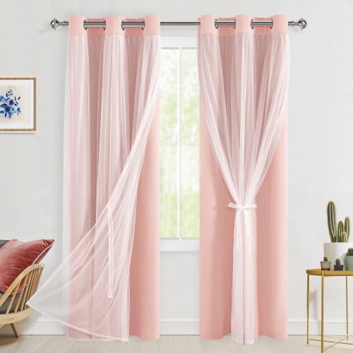 Hiasan Blackout Curtains with Sheer Overlay, Pink, 38W X 84L, 2pcs