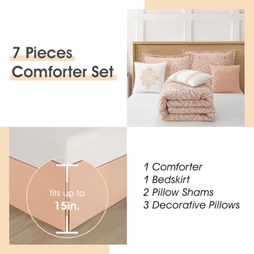 Image of LANCO MODERN LIFESTYLE 7 Pieces Orange Comforter Set, California King, Jacquard with Matching Solid Microfiber Piecework, Snowflake Linear Textures, Includes Bed Skirt, Shams, and Decor Pillows