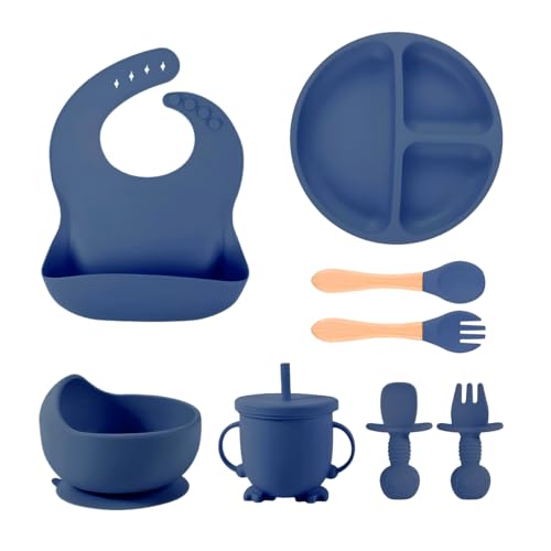 Raganet, Juego de Platos y Cubiertos para Bebé de Silicona, Set de 8 Piezas Libres de BPA, Babero, Plato, Tazon y Cubiertos,...