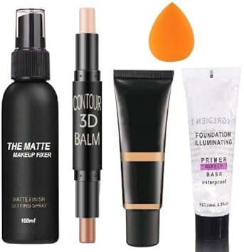Prasadhkam Face 3D Contour Stick with Matte Fixer Spray, Foundation Illuminating WaterProof Makeup Base Primer 150 ml with (Transparent), Foundation and 1 Beauty Blenders - (Pack of 5)