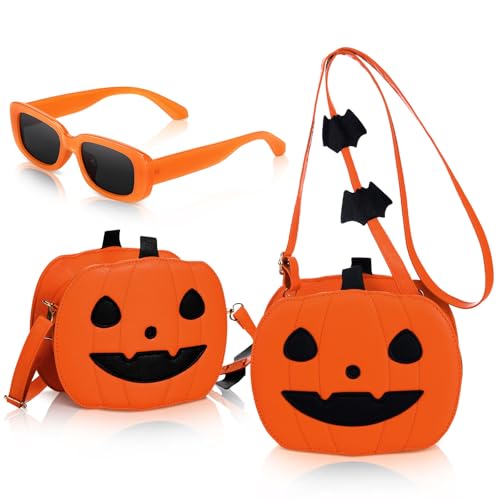 Kingdder 2 Pcs Halloween Pumpkin Purse for Women Halloween Crossbody Bag Cute Little Jack O Lantern Purse with Eyeglasses Pumpkin Wallet Shoulder Bag Funny Devil Wallet