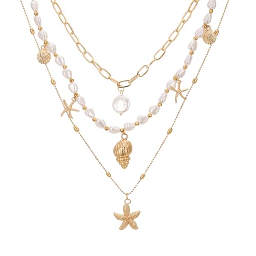 Seashell Starfish Necklace for Women Summer Pearl Beach Conch Shell 14k Gold Layered Dainty Choker