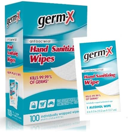 Germ-X Hand Sanitizing Single Wipes, Individually Wrapped, 100 Count (Pack of 12)