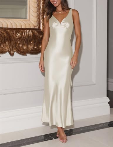 Image of VUBIYA Women's Summer Satin V Neck Backless Maxi Dress Wedding Guest | Open Back Tie-Back, Low Back Sleeveless, Formal Bridesmaid, Elegant Cocktail, Vacation Beach, Date Night and Party
