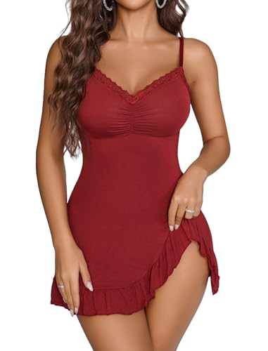 Image of Avidlove Lingerie for Women Sexy Nightgown Modal Nightwear Side Slit Babydoll Chemise Spaghetti Strap nighties