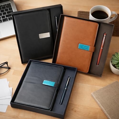 Image of Diary & Pen Gift Set with Magnetic Closure, Vegan Leather Notebook with Classic Ball Pen, 192 Pages 80 GSM Ivory Paper for Office Corporate Gift (Black)