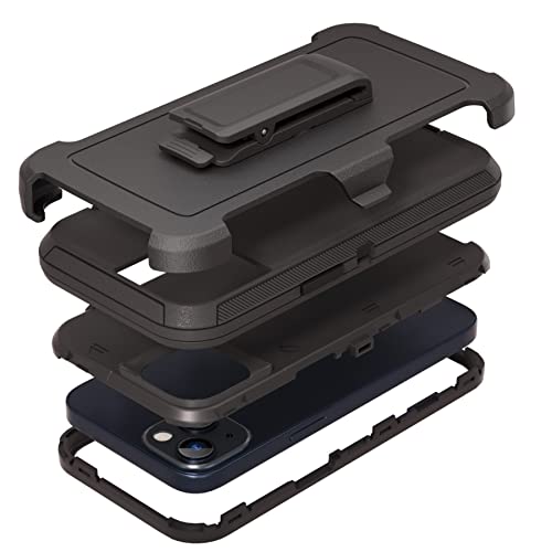 Compatible with iPhone 13 6.1 inch Case with Screen Protectors Heavy Duty Rugged Shockproof Full Body Protection Kickstand Case with Belt Clip Holster for iPhone 13 Phone (Black)