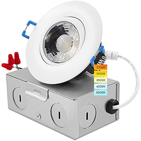 Luxrite 3 Inch Gimbal LED Recessed Light with Junction Box, 5CCT Color Selectable 2700K-5000K, Dimmable Adjustable Eyeball Swivel Lights, 600 Lumens, 8W, IC Rated, Damp Rated, ETL Listed Cover
