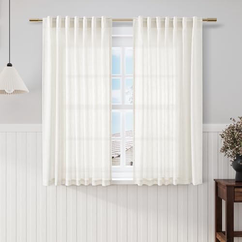 Image of Beige White Kitchen Cafe Sheer Curtains 54 Inch Long 2 Panel Back Tab Linen Textured Light Filtering Short Neutral Bohemian Farmhouse Bedroom Bathroom Curtains 52Wx54L