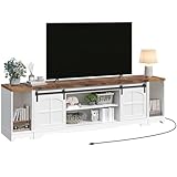 MAHANCRIS Farmhouse TV Stand for 85 inch TV, Entertainment Center with Charging Station and Sliding Barn Doors, Modern Media TV Console Table for Living Room, Bedroom, White and Rustic Brown TVBR20E01