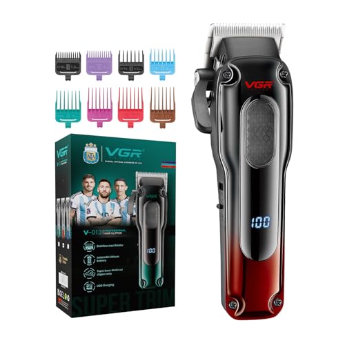 VGR V-013 Professional Salon Quality Hair Clipper – 200 Minutes Runtime, 2000mAh Lithium Battery, Adjustable Taper Lever, 8 Guide Combs, LED Display (Red)