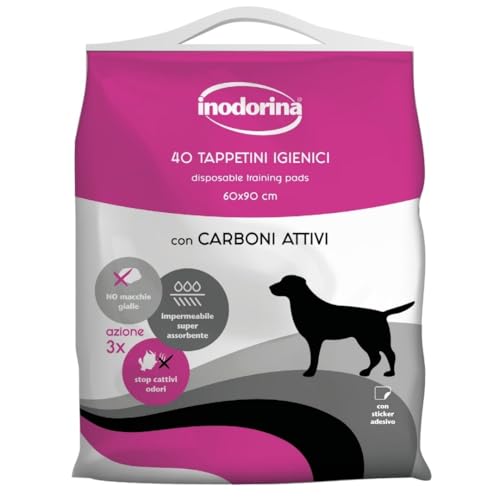 Inodorina Tappetini igienici per Cani (60x90 cm, 40 Pezzi) – Traversine con Carboni Attivi Super assorbenti in Pura cellulosa Vergine – con polimeri Odor Control e Sticker Antiscivolo