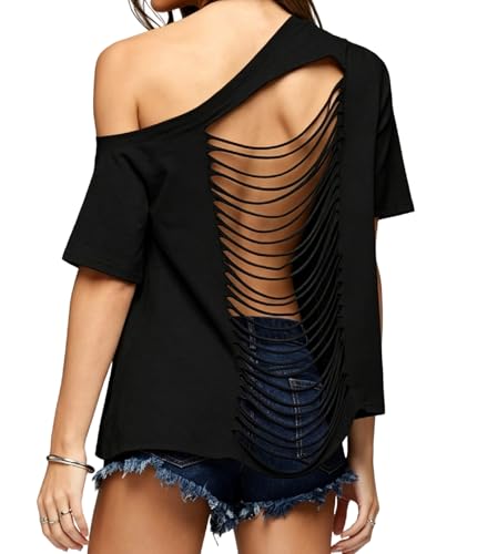 TUWIXIUW Off Shoulder Shirt Distressed Oversized Ripped Tee(Black,S)