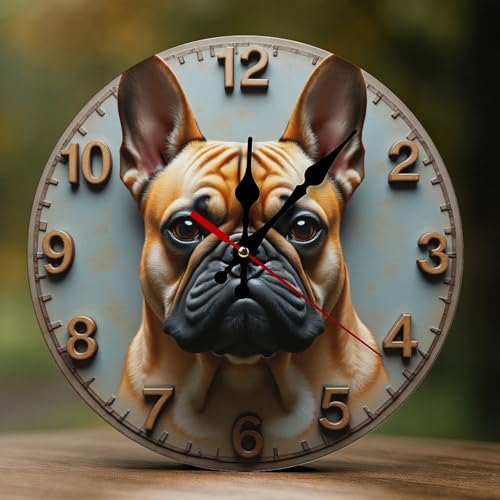 Novastar Orologio da parete decorativo a batteria, 25,4 cm, moderno bulldog francese in legno, stampa 2D, senza ticchettio, silenzioso, per soggiorno, camera da letto, ufficio, hotel, cucina, bagno