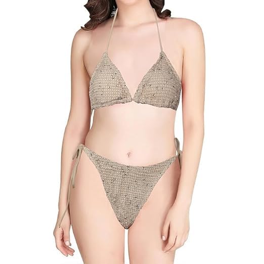 Women's Crochet Bikini Set - Halter Triangle Bra & Side Tie Bottoms with Matching Knit Mini Skirt and Long Sleeve Cardigan Cover-up - Boho Beach Bathing Suit-image-35