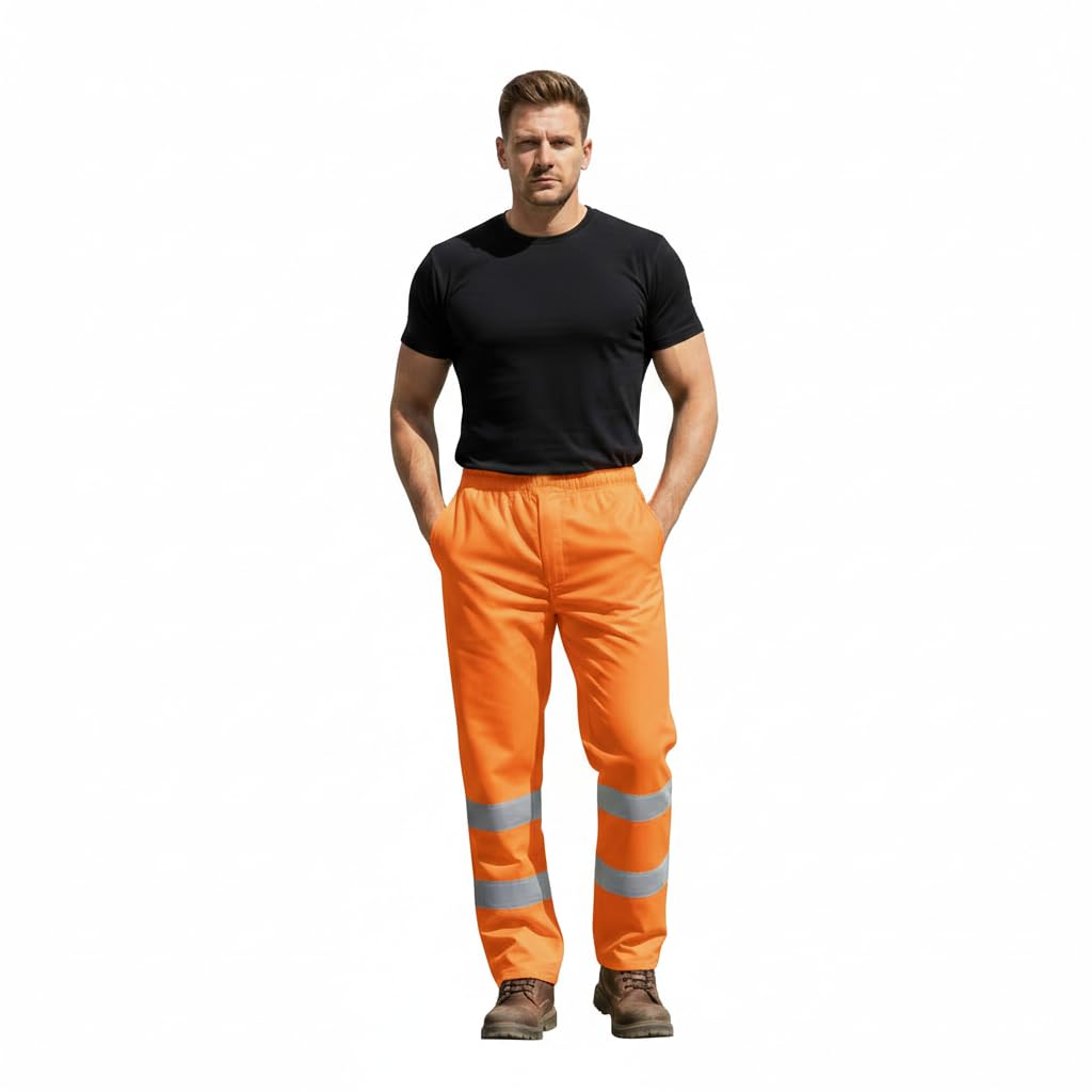 A2Z Hi Vis Wodoodporne spodnie robocze Oxford 300D, taśma odblaskowa, elastyczna talia, do budowy, jazdy na rowerze, pracy szosowej, żółto-pomarańczowe, S-4XL