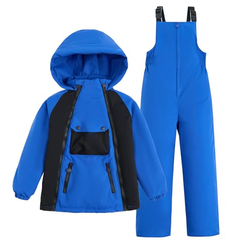 JiAmy Conjunto de 2 peças de fato de neve para crianças, casaco acolchoado com capuz e calças de neve, fato ultraleve para menino e menina, azul, 5-6 anos