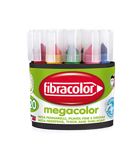 FIBRACOLOR Lot de 20 feutres Megacolor, 2 pièces pour chacune de 10 couleurs, maxi pointe conique, méga charge d'encre, superlavables