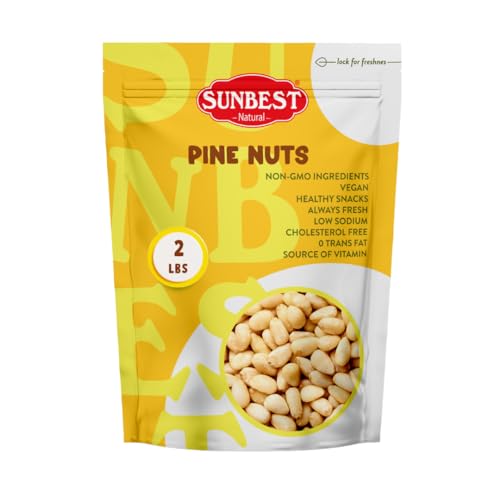 Sunbest Natural Raw Pine Nuts, 2lbs – Unsalted & Unroasted – Shelled Pignoli Nuts For Pesto, Baking, Salads & Cooking – Non-GMO, Vegan, Healthy Snack