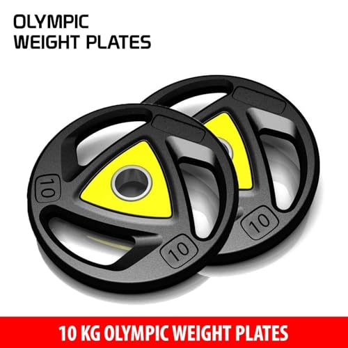 Image of Olympic weight plates Barbell /Rod Rubber Plates Barbell plates Gym weights (2.5 KG Pack of 2), 3 Holes Hand Grip Cast iron weight plates Rubber coated plates with 50mm Internal Dia (50KG Set (2.5x2+5x2+7.5x2+10x2))