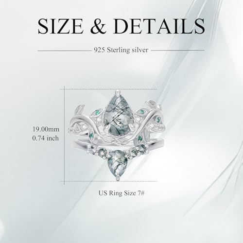 Natural Moss Agate Ring for Women 2CT Oval/Pear/Kite Cut 2 Pieces Engagement Ring Set 10K/14K/18K Solid Gold/Sterling Silve Personalized Wedding Leaf Vintage Bridal Promise Ring for Women2