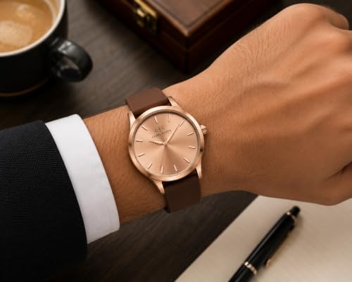 Image of CHARLIEKEEN Rose Gold Dial Watch with Brown Silicone Strap | ROSE GOLD Case, Minimalist Design, Stick Hour Markers, Casual Wear