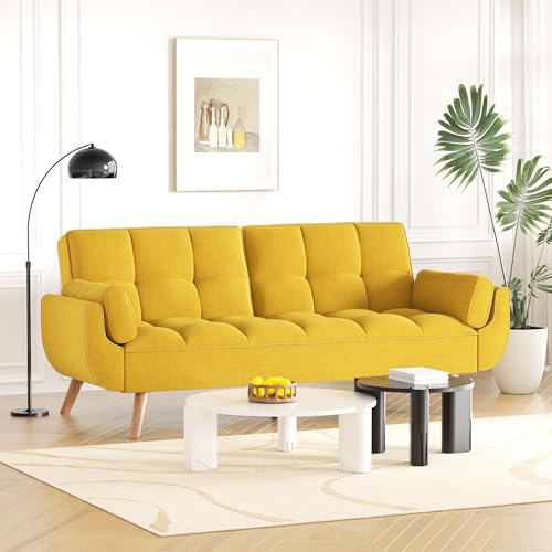 usihxjg Futon Couch for Small Spaces & Apartment, 2-in-1Modern Comfy Loveseat Convertible Sofa Bed, 75.4-Inch Compact Design for Living Room, Dorms, and Studios-Yellow