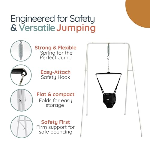 Image of Jolly Jumper Classic with Stand - Black | ORIGINAL Baby Jumper, Indoor and Outdoor Exercise Saddle Seat, Adjustable Height, for Infants up to 28lbs