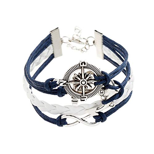 Infinity Anchor Compass Wrap Leather Bracelet for Men Women Navy Blue White Birthday Christmas Family