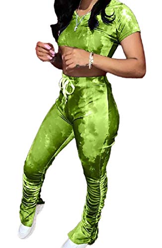 GAGA Women Casual 2 Piece Outfits Tie Dye Print Crop Top Shirt Ruched Skinny Pant Active Tracksuit Sets Green XL