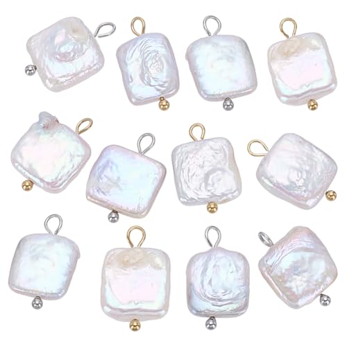 Image of NBEADS 12 Pcs 2 Colors Freshwater Pearl Pendants, Square Pearl Charms with 304 Stainless Steel Loops for Jewelry Making Necklace Bracelet DIY Gift, White