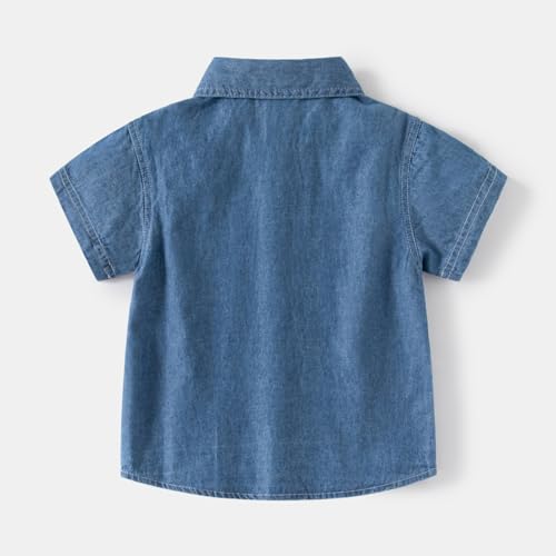 Yueary Camisa social jeans de manga curta com botões e gola de bolso casual para bebês meninos e men