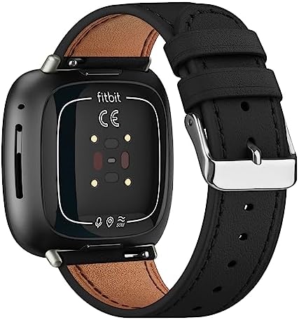 Leather Band Compatible with Fitbit Versa 4 / Versa 3/Sense 2 Band for Women Men, Leather Adjustable Replacement Strap for Fitbit Versa 3/Sense/Versa 4/Sense 2 (Black)