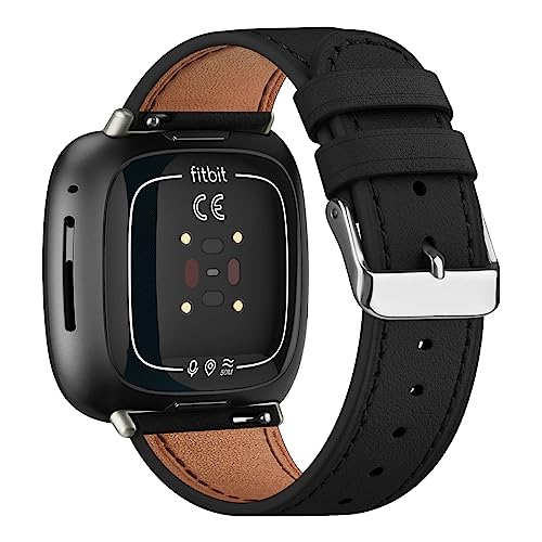 Leather Band Compatible with Fitbit Versa 4 / Versa 3/Sense 2 Band for Women Men, Leather Adjustable Replacement Strap for Fitbit Versa 3/Sense/Versa 4/Sense 2 (Black)