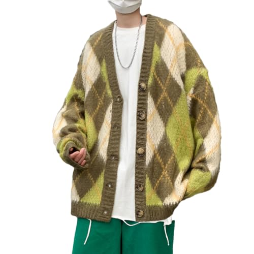 Men Plaid V-Neck Japanese Style Loose Casual Cardigans Jumpers Vintage Korean Sweater Y2k Tops