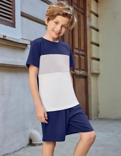 Image of Arshiner Boys' 2-Piece Cotton Outfit Color Block T-Shirt and Shorts Set Summer Camo Clothes for Kids 5-14 Years