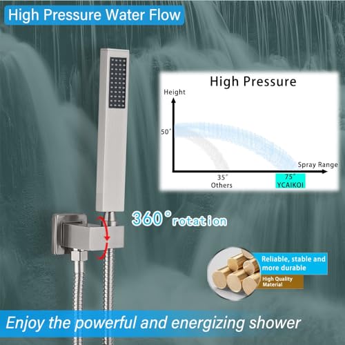 Image of Shower Faucet Set Complete, Wall Mount Shower System for Bathroom 12 Inch High-Pressure Rainfall Shower with Handheld, Rough-in Valve Body and Trim Kit, Brushed Nickel