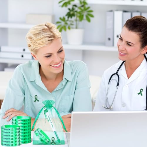 Image of Qilery 120 Pcs Liver Cancer Awareness Items Gifts Set Include Hope Strength Retractable Pens, Liver Cancer Awareness Bracelets, Ribbon Lapel Pins, Organza Bag Bulk for Event Charity Party(Green)