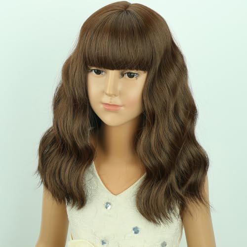 Image of Brown Wig Short Brown Wavy Curly Wigs Wig with Air Bangs Synthetic Cosplay Hair Wigs