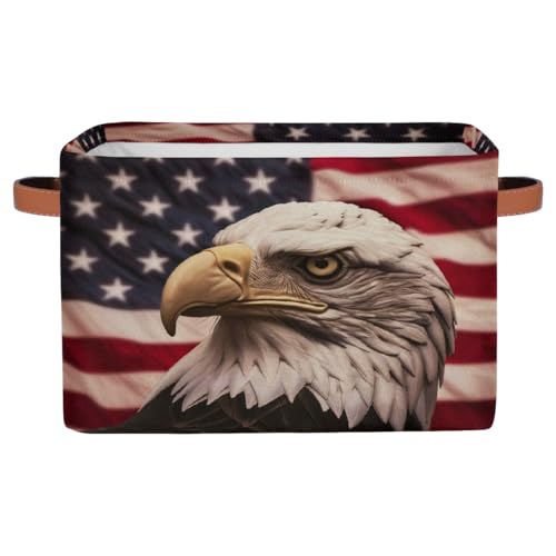 Image of Retro American Flag Patriotic Storage Baskets for Organizing, Fabric Collapsible Storage Bins Box Bald Eagle Decorative Toy Organizer Baskets for Closet Shelves Gift Basket 1 Pc