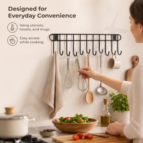 Image of Plantex Hook Rail /GI Steel Hooks for Wall Without Drilling /Self Adhesive Hook Rail for Clothes /Towel - Pack of 1 (11 Hooks, Black)