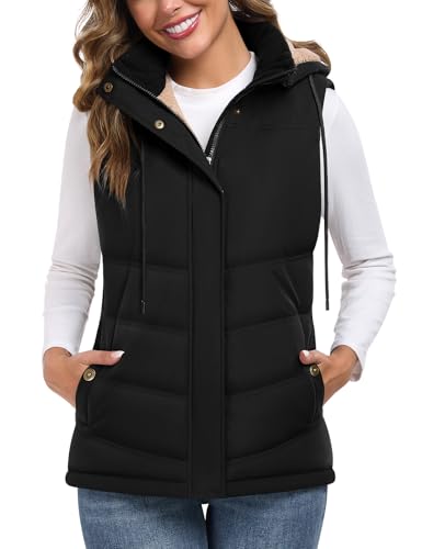 heekpek Damen Weste mit Kapuze Winterweste Ärmellose Fleeceweste Steppweste Kurz Reißverschlüsse Outdoor Warme Damenwesten Ärmellose Jacke Herbst Thermoweste, Schwarz, L