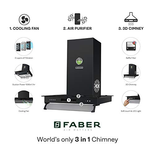 Image of Faber 60 cm 1095 m /HR Straight Glass Kitchen Chimney (3N1 AEROSTATION GLAMOUR 3D FT BK 60, Baffle Filter, Black)