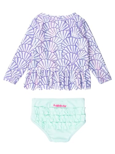 Image of RuffleButts Baby /Toddler Girls Scalloped Long Sleeve Rash Guard 2-Piece UPF50+ Sun Protected Swimsuit