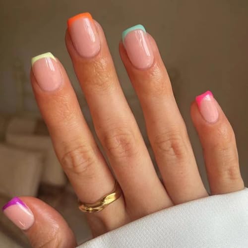 Viugex 24Pcs Uñas Postizas Cortas Cuadradas, Nude Rose French Glossy Press on Nails, Naturales Uñas Falsas Artificiales Acrilicas de Cobertura Completa Adhesivas Uñas para Mujeres