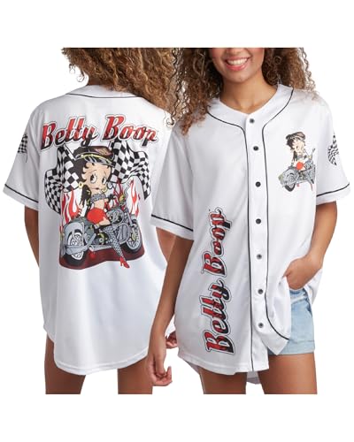 Betty Boop Women's Baseball Jersey - Vintage Novelty Button Down Uniform Top - Retro Jersey T-Shirt for Women (S-XL), Size X-Large, Betty Boop Motorcycle